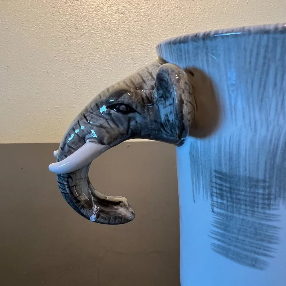 PIER 1 IMPORTS 3-D Hand Painted Stoneware Elephant Mug w/ Elephant Head Handle